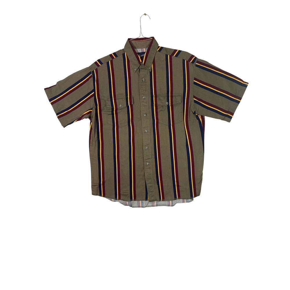 Wrangler Western Shirts Mens Large Striped Short Sleeve Button Down Olive Cotton